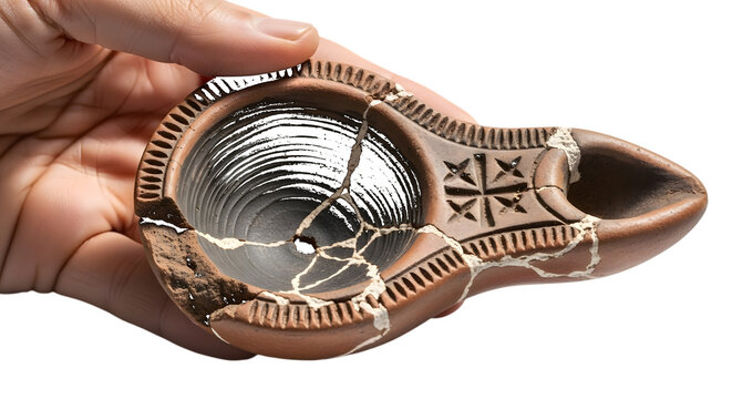 Hand holding broken clay pipe with cracks and patterns