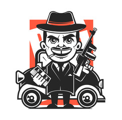 Obraz premium Classic tuning car with big wheels, power motor and low cars compilation. American gangsta style black white flat vector design.