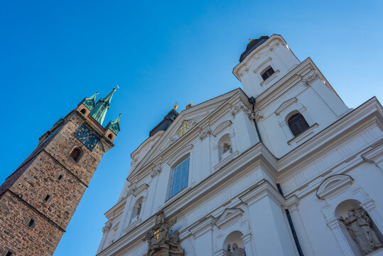 Black tower and Jesuit church in Klatovy in Czech republic