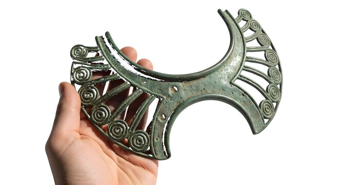 Hand holding ancient bronze torque necklace