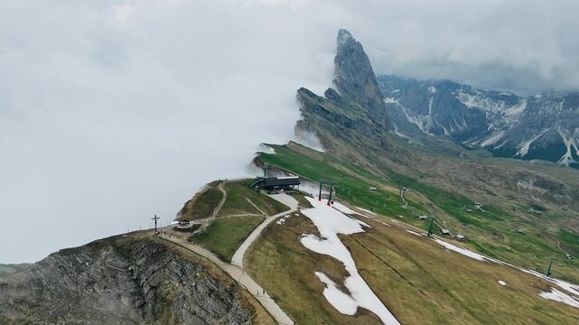 Seceda Mountain and Odle Geisler Group Dolomites in South Tyrol, Italy. Panoramic landscape with iconic Seceda ridges