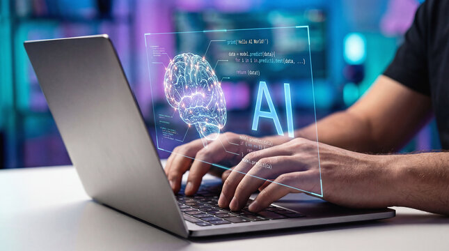 Developer working on a laptop with a digital holographic AI brain and computer code overlay. Concept for artificial intelligence development, machine learning, and futuristic programming technology.