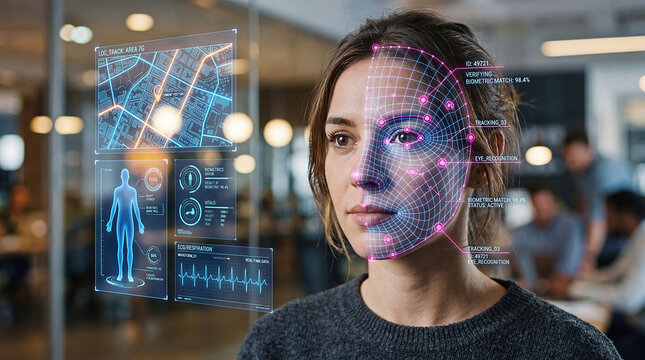 Young woman undergoing biometric facial recognition scan with HUD interface showing identity verification, tracking data, and health vitals. Concept for high-tech security, surveillance