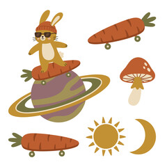 Cute cartoon bunny on a skateboard riding a planet with carrots and celestial bodies. © Anggur