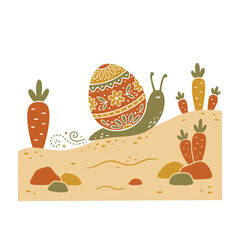 Easter Egg Snail with Carrots on Sandy Hill. © Anggur