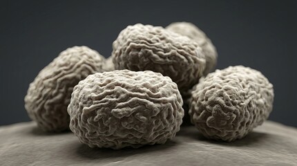 Fototapeta premium Close up of a textured, grey spherical object on a grey surface, soft lighting.