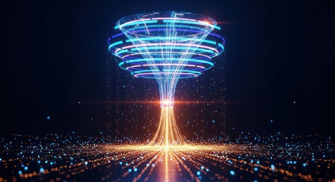 A glowing light beam rises from a cityscape at night forming a funnel shaped structure.