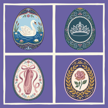Four Decorative Easter Eggs with Unique Designs.