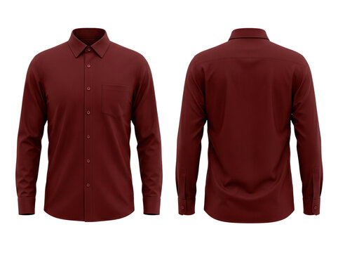 Front and back view of a maroon long-sleeved collared shirt with a chest pocket, isolated on a white background