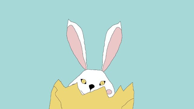 A white rabbit with long pink ears emerging from a cracked egg creates a cheerful atmosphere synonymous with the Easter theme.