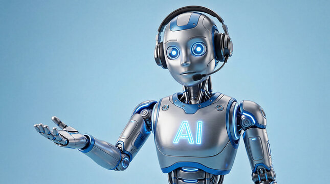 A humanoid robot wearing a headset with a microphone, featuring a glowing "AI" logo on its chest, concept for artificial intelligence customer service, virtual assistant, and future technology