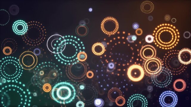 Seamless vector illustration of an abstract blue background featuring a colorful pattern of round floral ornaments and retro gear circles for a decorative wallpaper design