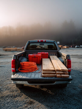 Organized Pickup Truck Bed with Tools Lumber and Extension Cords in Morning Light