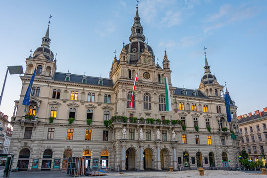 Sunrise view of the town hall in graz, Austria