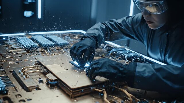 Technician adjusting massive gold-plated quantum processor in lab