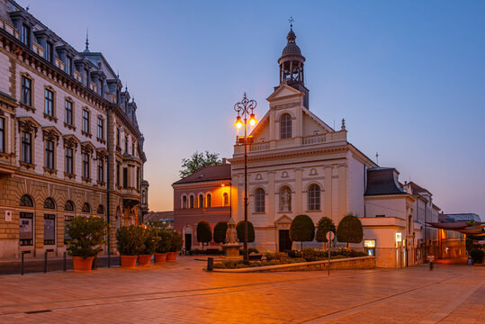 Sunset view of Saint Sebastian church in the old town of Pecs, H