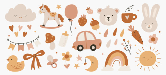 Fototapeta premium Charming boho collection with kid elements featuring rainbow, cloud, toys and feeding accessories