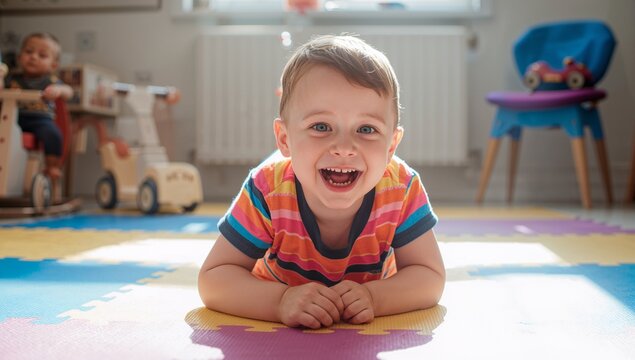 A young boy with a bright smile lies on a colorful foam play mat enjoying playtime