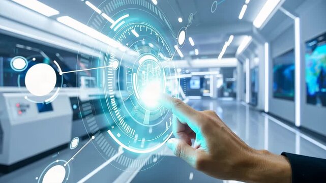 Digital Interface Interaction: A person's hand interacts with a holographic interface, surrounded by the sleek design of a high-tech environment, illustrating innovation and the future of technology.