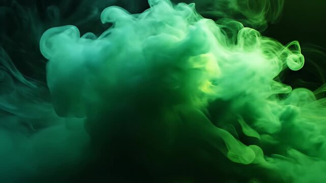 Green and teal smoke or cloud-like formations against a dark, undefined background