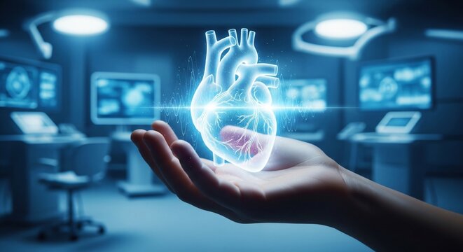 Hand holding holographic beating heart in futuristic medical laboratory, digital healthcare technology, advanced cardiovascular research, science concept