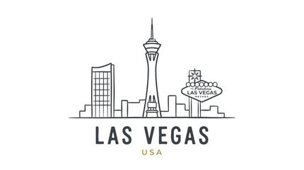 Fototapeta premium Minimalist Line Drawing Depicting the Iconic Las Vegas Skyline Featuring the Stratosphere and Famous Signs