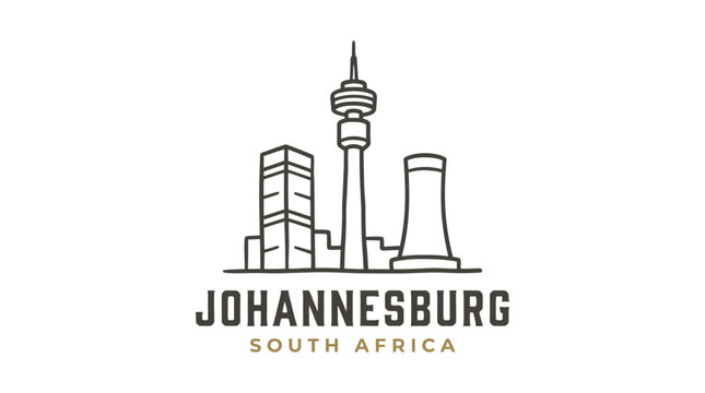 Minimalist Illustration of Johannesburg Skyline Highlighting Iconic Structures in South Africa