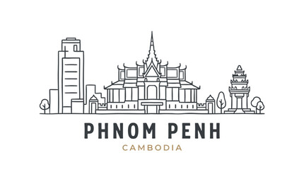 Fototapeta premium Minimalist Line Art Illustration of Phnom Penh City Skyline Featuring Cultural and Modern Landmarks in Cambodia