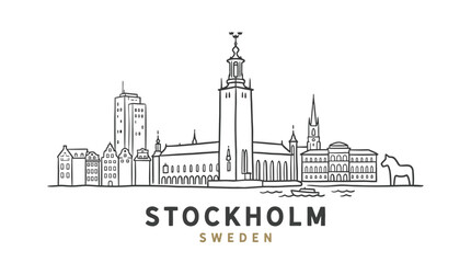 Naklejka premium Minimalistic Black and White Line Art Illustration of Stockholm Sweden City Skyline with Famous Landmarks and Harbors