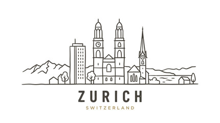 Fototapeta premium Minimalist line art depicting the scenic skyline of zurich with iconic churches and mountain backdrop emphasizing architectural