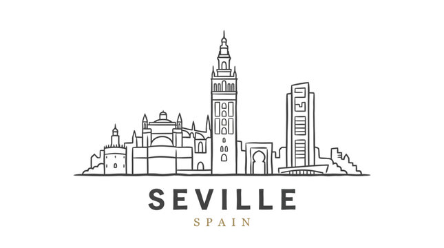 Minimalist Line Drawing of Seville Featuring Historic Cathedral and Modern Skyline