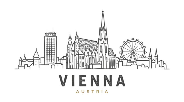 Stylized black and white line drawing of Vienna Austria skyline featuring historic architecture and modern city landmarks