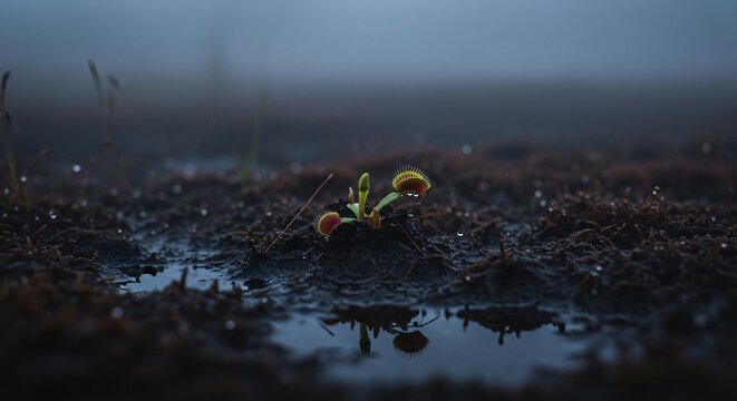 Young Venus flytrap plant with colorful traps emerging from muddy swamp soil near puddle reflection, symbol of resilience and natural growth.