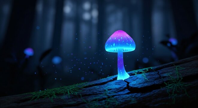 Bioluminescent mushroom with vibrant blue and purple cap in a mystical dark forest setting