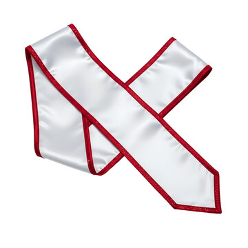 Elegant white satin sash with sparkling red glitter trim, isolated on transparent background, ideal for celebrations and design.