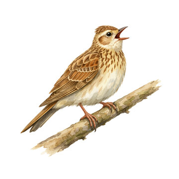 A beautiful watercolor skylark bird clip art featuring a singing brown skylark perched on a tree branch with its beak open.