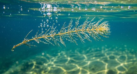 Bubbles cling to submerged aquatic plant stem underwater, Earth Day water conservation, clean natural ecosystem, sustainable environment concept.