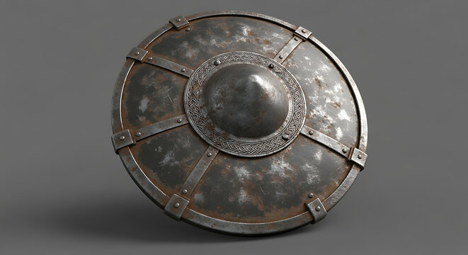 Ancient round metallic shield with weathered battle patina, medieval warrior armor design, protective historical combat artifact, 4K image 