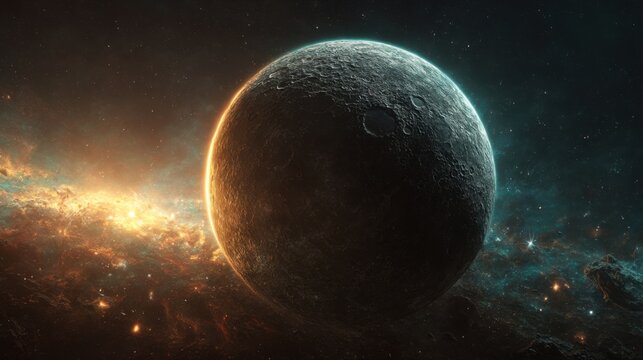 Rocky planet in cosmic space scene with bright stars and colorful nebula clouds