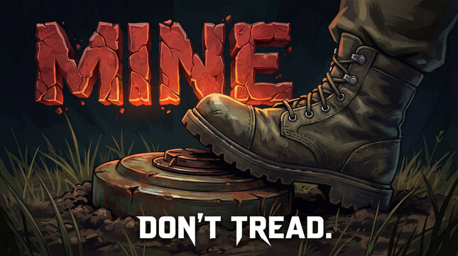 Soldier's boot near landmine in grassy terrain with warning