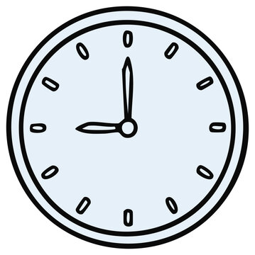 Simple cartoon illustration of a round analog clock face showing nine o'clock for time concepts