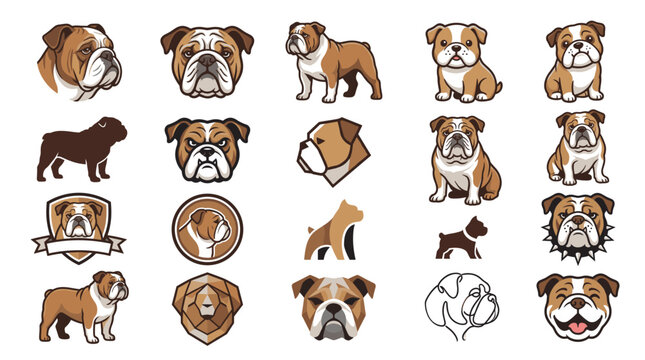 Collection of bulldog illustrations in various poses and styles, including headshots, full body, and stylized designs.