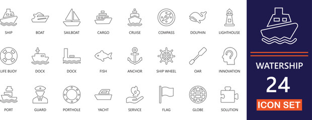 modern editable thin line icons of watership , cargo, vessels, maritime, logistics, sea, freight, shipping, boats and nautical shipping for web and app ui. © suraiya