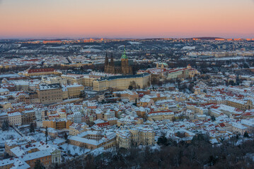 Fototapeta premium Sunset panorama view of Hradcany from Petrin hill in Prague, Cze