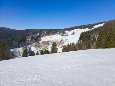 Sunny day at ski resort Lysa Hora at Rokytnice nad Jizerou in Cz