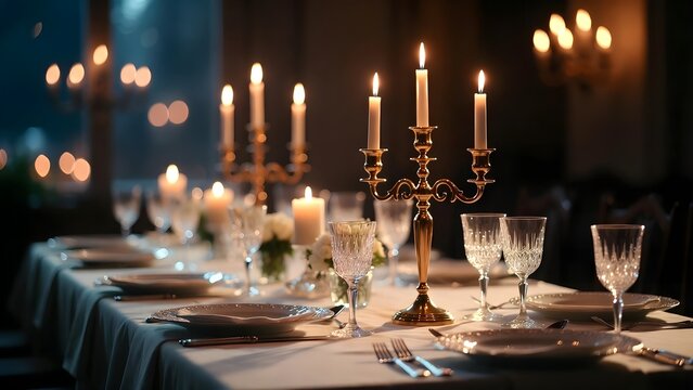 Elegant Dinner Table Setting with Golden Candelabras and Crystal Glassware