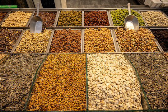 Various seeds at a street market stall in Israel.
