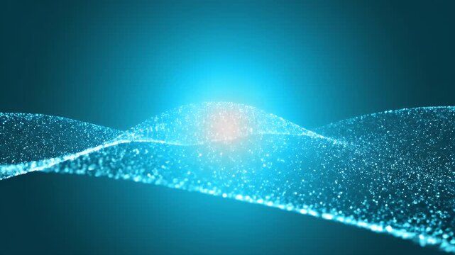Abstract blue ethereal scene with bright light and flowing particulate wave