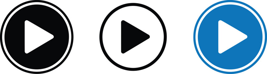 Three different styles of play button icons isolated on a plain white background for digital media Vector © Vector Studio