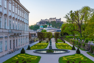 Naklejka premium Sunrise view of the Mirabell palace and Hohensalzburg fortress i